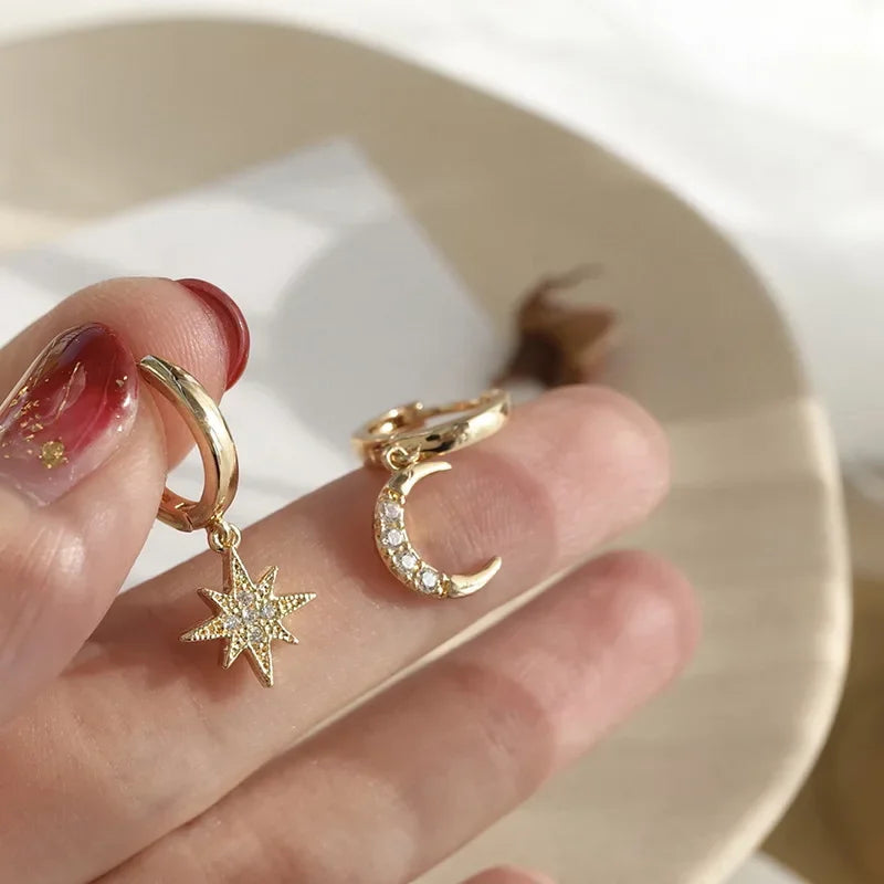 Simple Zircon Star Moon Planet Stud Earrings for Women Gold/Silver Color Asymmetry Ear Pendants Fashion Jewelry - You Offer