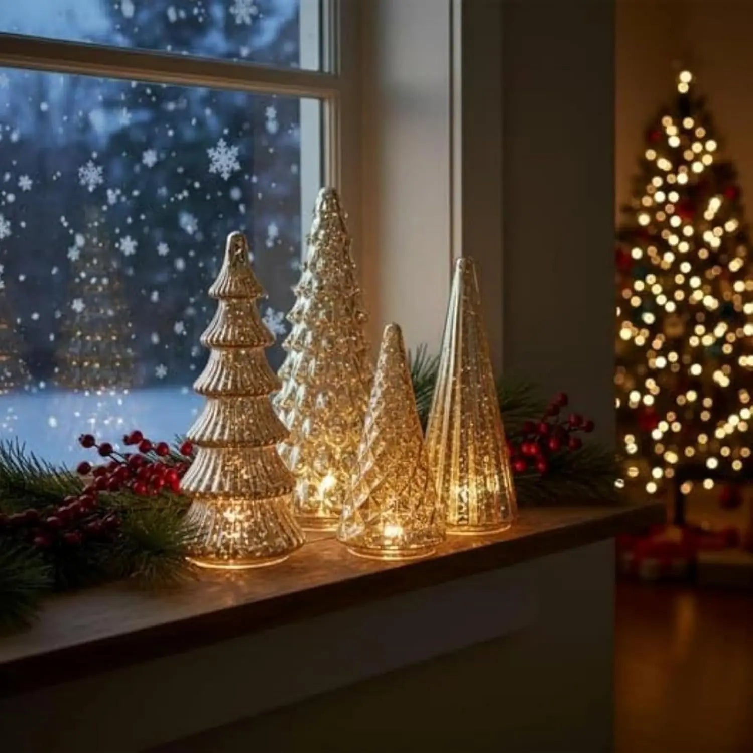 Set of 5 Illuminated Mercury Glass Trees, Upgrade Christmas Trees LED, Gold Tree Figurine for Home Party Mantel Decor Xmas Gift