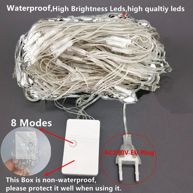 EU Plug Led Net Mesh String Lights 220V Street Garlands Christmas Decorations Outdoor New Year Wedding Party Garden Bush Decor