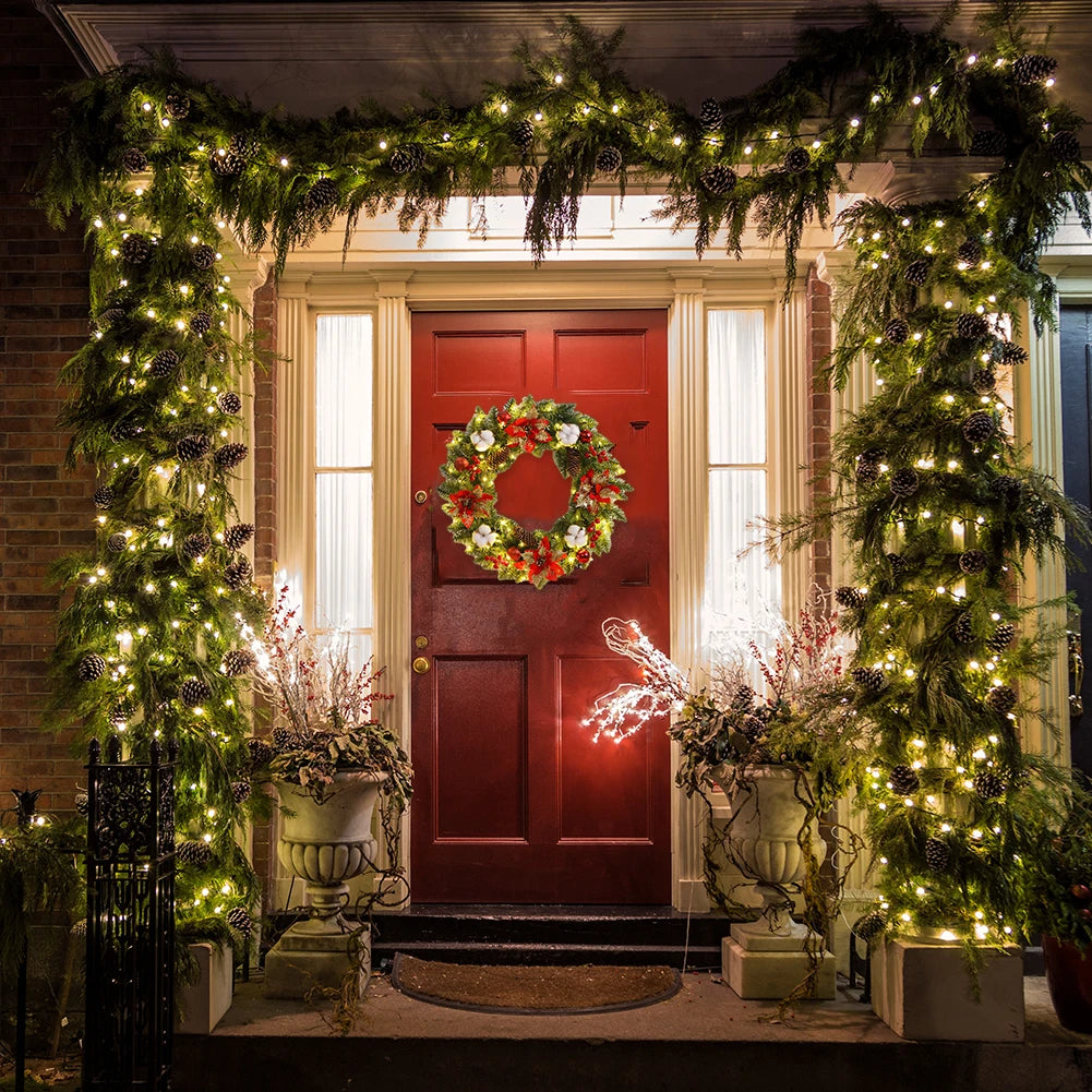 2025 Christmas Wreath with LED PVC Berry Ball Christmas Wreath Window Door Wall Ornament Decorations Home Halloween Decor Gifts