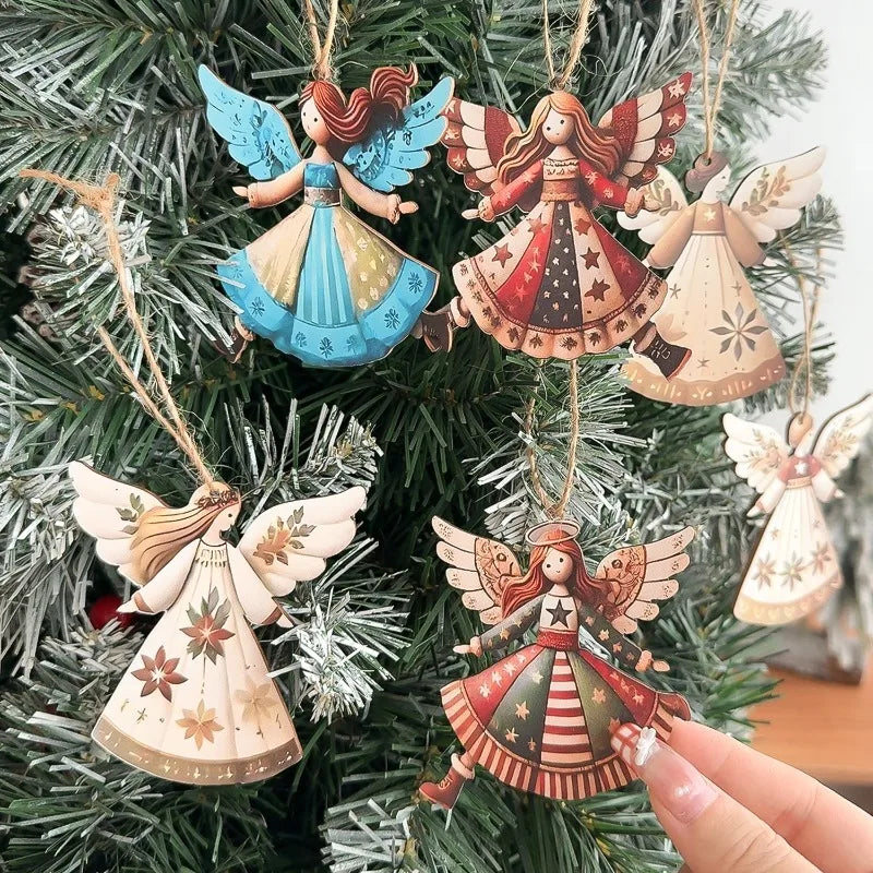 4/40pcs Christmas Tree Hanging Pendant Angels Doll Pendant Wooden Angels Decorations for Christmas Party New Year Wedding Decor