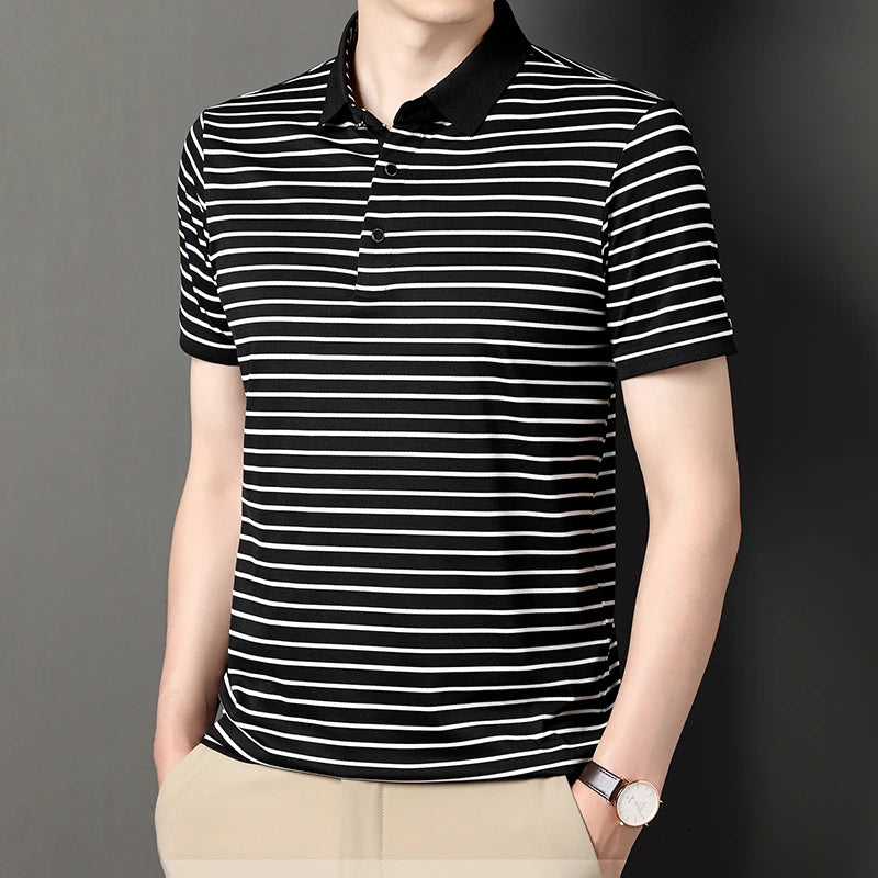 2026 Men's New Striped Cotton Business Casual Short Sleeved POLO Shirt Fashion Short Sleeved Comfortable and Breathable Top
