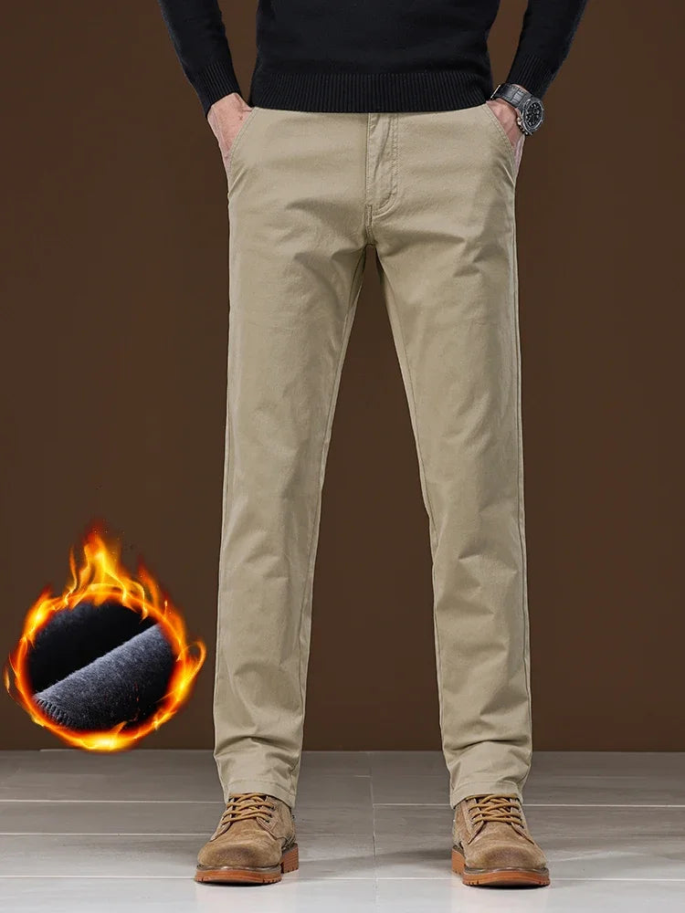 Winter Fleece Men's Casual Pants Business Straight Thick Warmth Fashion Velvet Trousers Classic Solid Color Slim Plush Pants