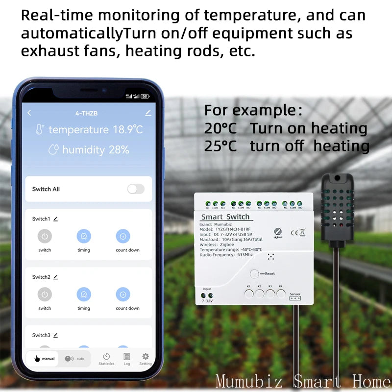 Tuya Smart TH10 Zigbee 4 Channel Switch with Temperature and Humidity Sensor Passive Dry Contact Zigbee Relay Work with Alexa