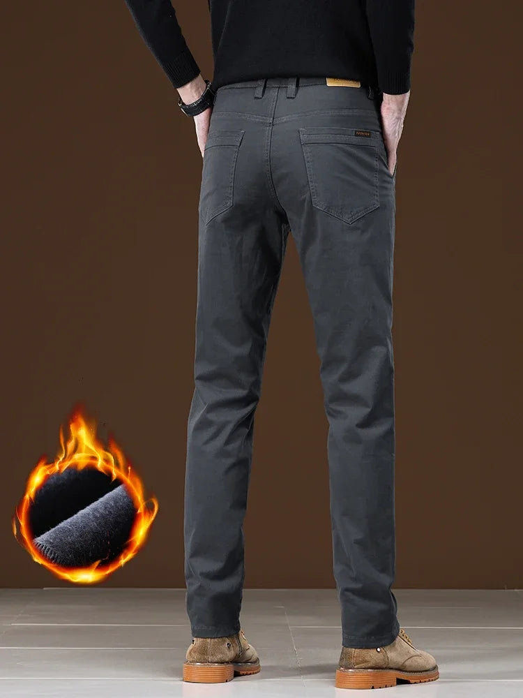 Winter Fleece Men's Casual Pants Business Straight Thick Warmth Fashion Velvet Trousers Classic Solid Color Slim Plush Pants