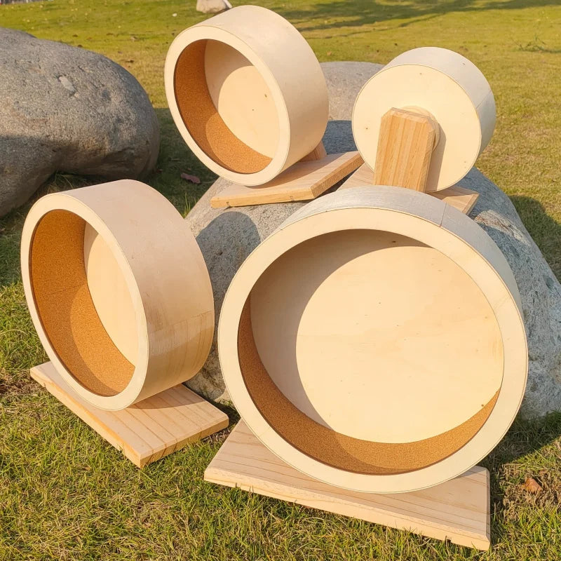 Wooden Silent Hamster Wheel with Stand | Natural Wood Exercise Spinner for Chinchillas/Hedgehogs/Ferrets, Anti-Slip Non-Ejection