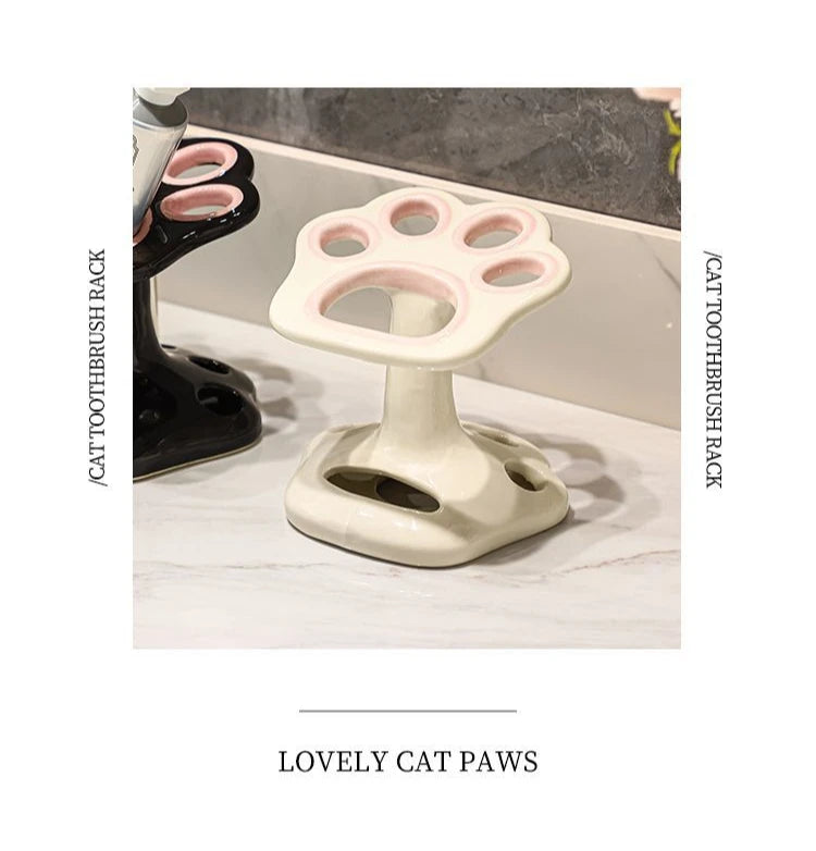 Cat Paw Shape Ceramic Toothbrush Holder Cute No Punching Toothbrush Holder Base Makeup Brush Storage Bathroom Accessories Tool