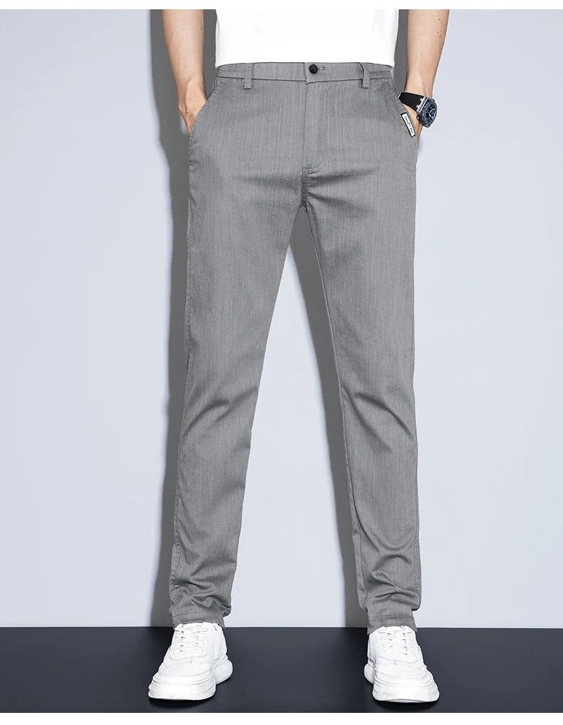 Spring Summer Classic Men's Casual Pants Stretch Slim Business Cotton Trousers Fashion Zippered Pocket Thin Men Pants Korean - You Offer