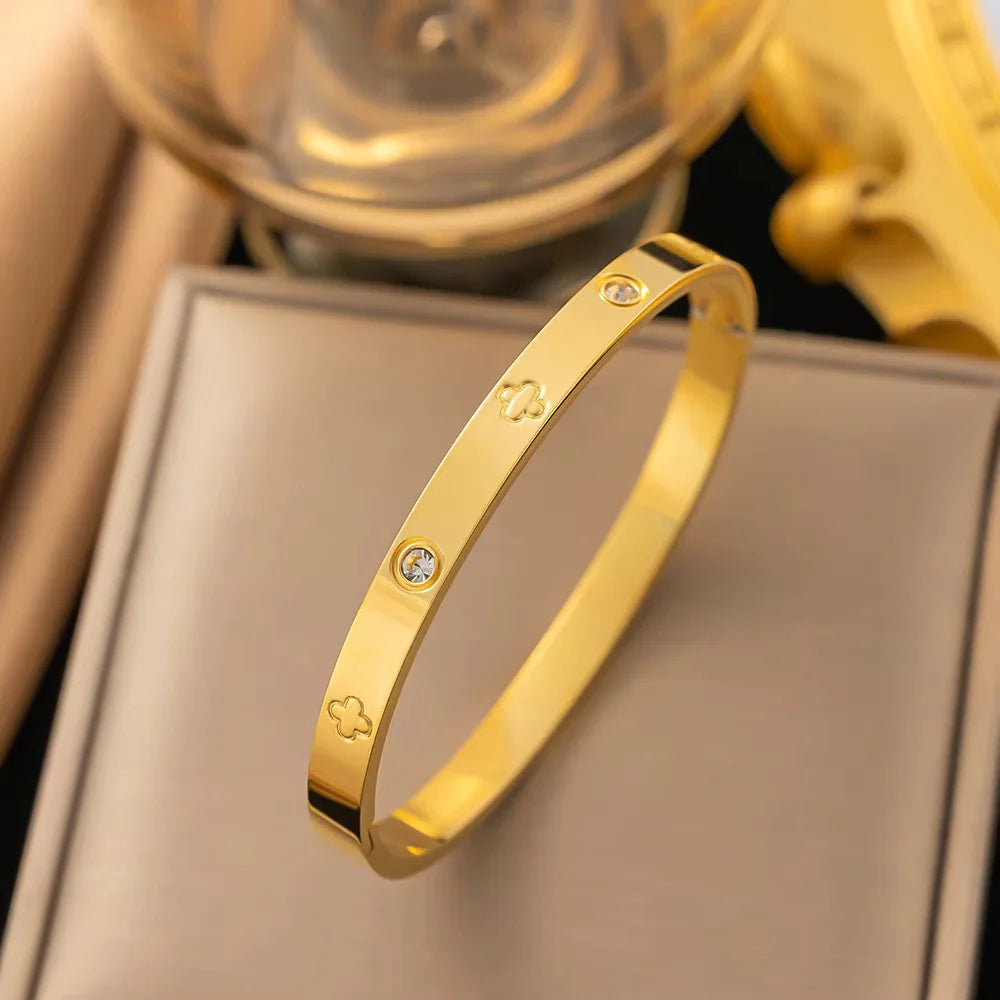 Trendy Shining Zircon Bracelets For Women Clover Print Love Pulseiras Stainless Steel Bangles Feminina Jewelry Gift - You Offer