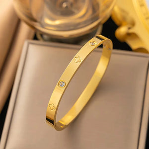 Trendy Shining Zircon Bracelets For Women Clover Print Love Pulseiras Stainless Steel Bangles Feminina Jewelry Gift - You Offer