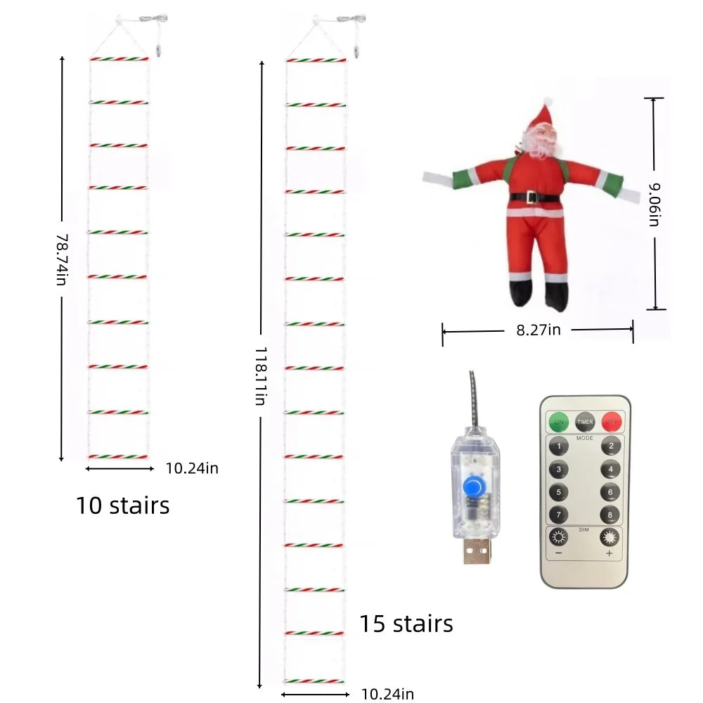 1PC 2M/3M 8-mode USB Santa Claus ladder light, suitable for indoor and outdoor Christmas parties, gardens, home wall decoration