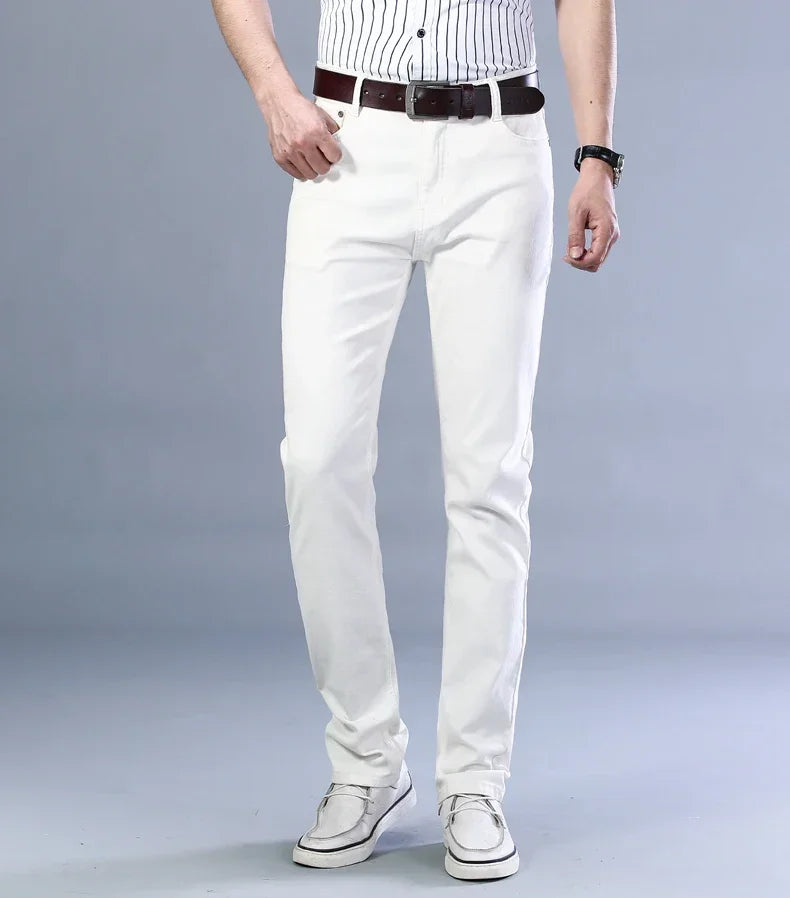 Men's Jeans Pure White Fashion Elastic Slim Youth Slimming Straight Leg Male Pants Business Casual Middle Age High End Trousers - You Offer