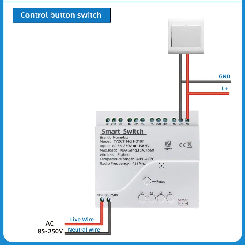Tuya Smart TH10 Zigbee 4 Channel Switch with Temperature and Humidity Sensor Passive Dry Contact Zigbee Relay Work with Alexa