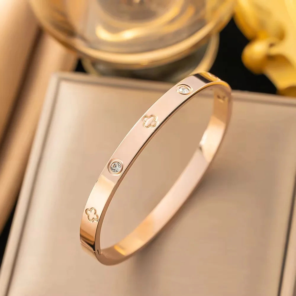 Trendy Shining Zircon Bracelets For Women Clover Print Love Pulseiras Stainless Steel Bangles Feminina Jewelry Gift - You Offer