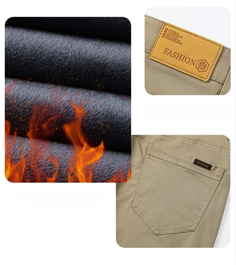 Winter Fleece Men's Casual Pants Business Straight Thick Warmth Fashion Velvet Trousers Classic Solid Color Slim Plush Pants