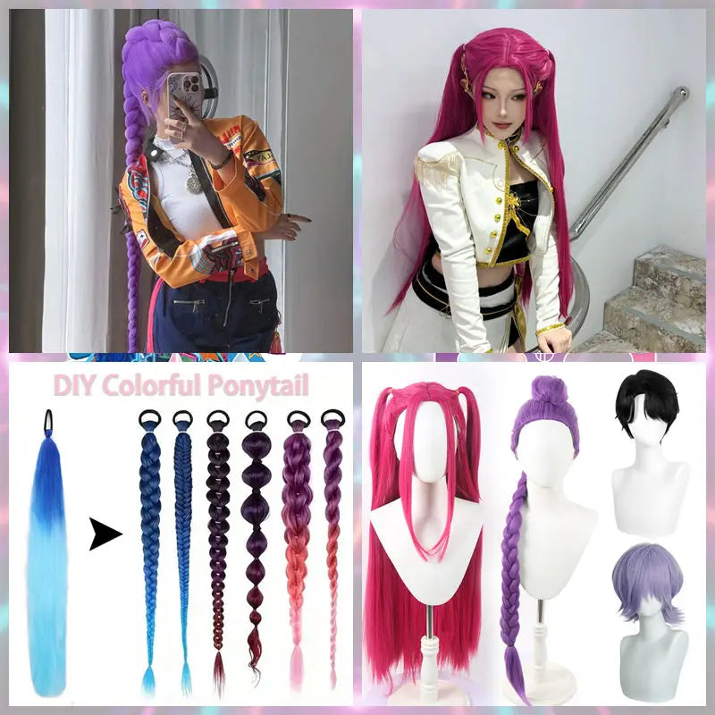 Synthetic Straight Ponytail with Hair Tie Hot Anime Kpop Hunter Cosplay Costumes Wig Ponytail Hood for Women Men