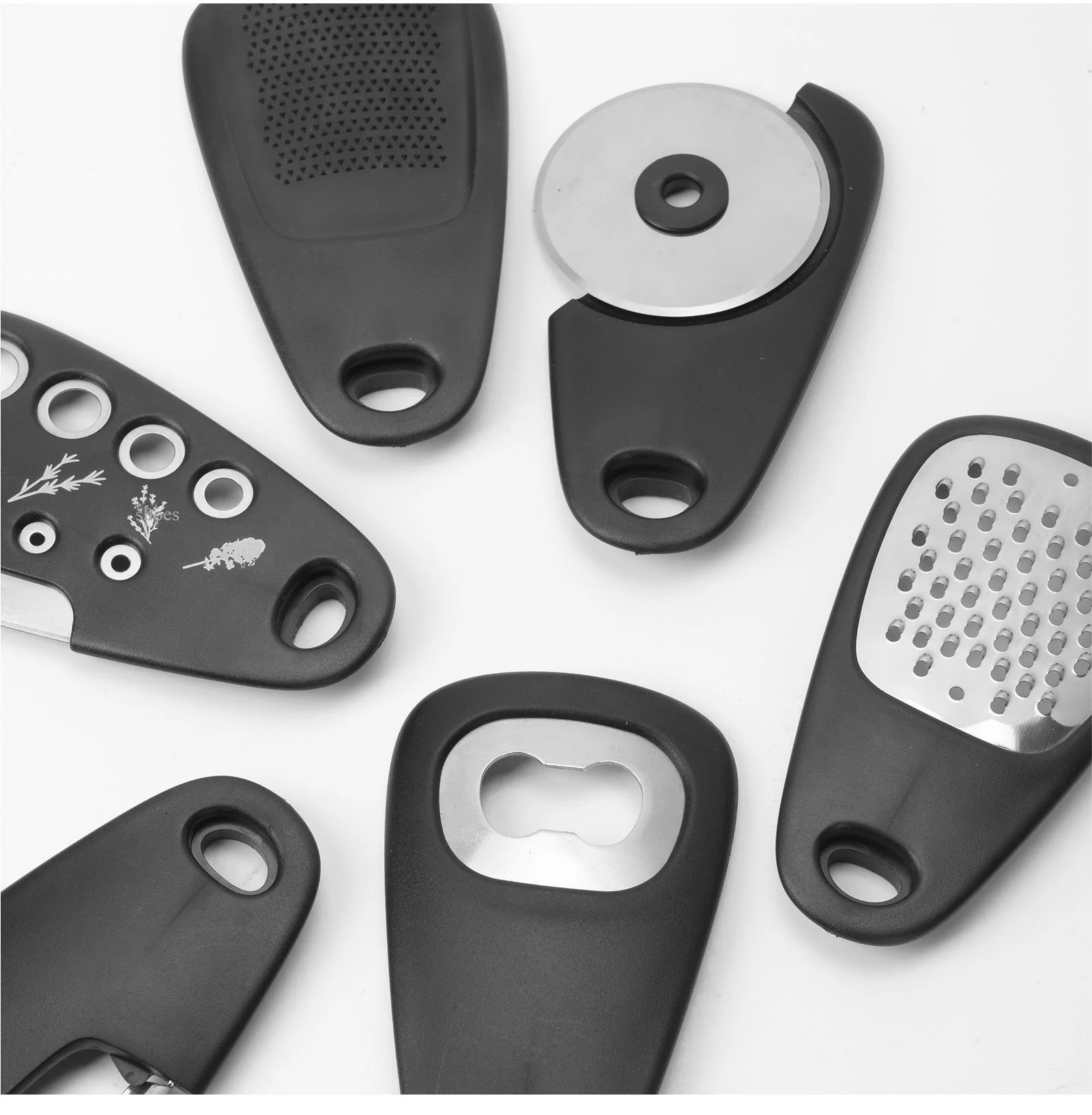 6 - in - 1 Stackable Kitchen Gadget Set | Peeler, Cheese Grater, Garlic Grinder, Bottle Opener, Pizza Cutter, Herb Cutter