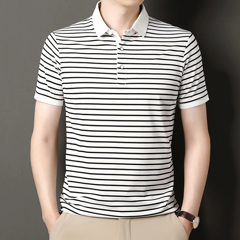 2026 Men's New Striped Cotton Business Casual Short Sleeved POLO Shirt Fashion Short Sleeved Comfortable and Breathable Top