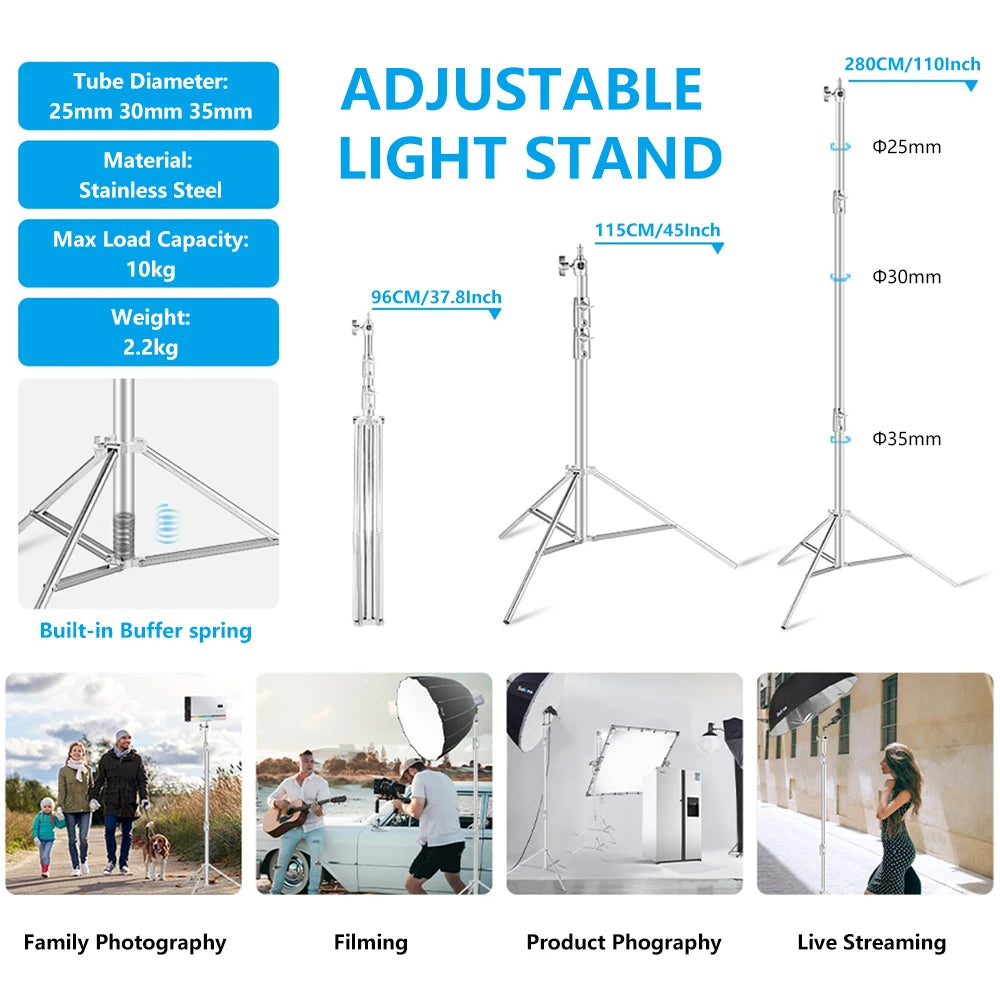 2.9M Tripod Super Stable Big Tripod Foldable Light Stand Lifting Frame Wheels Photography Softbox Photo Studio Stainless Steel
