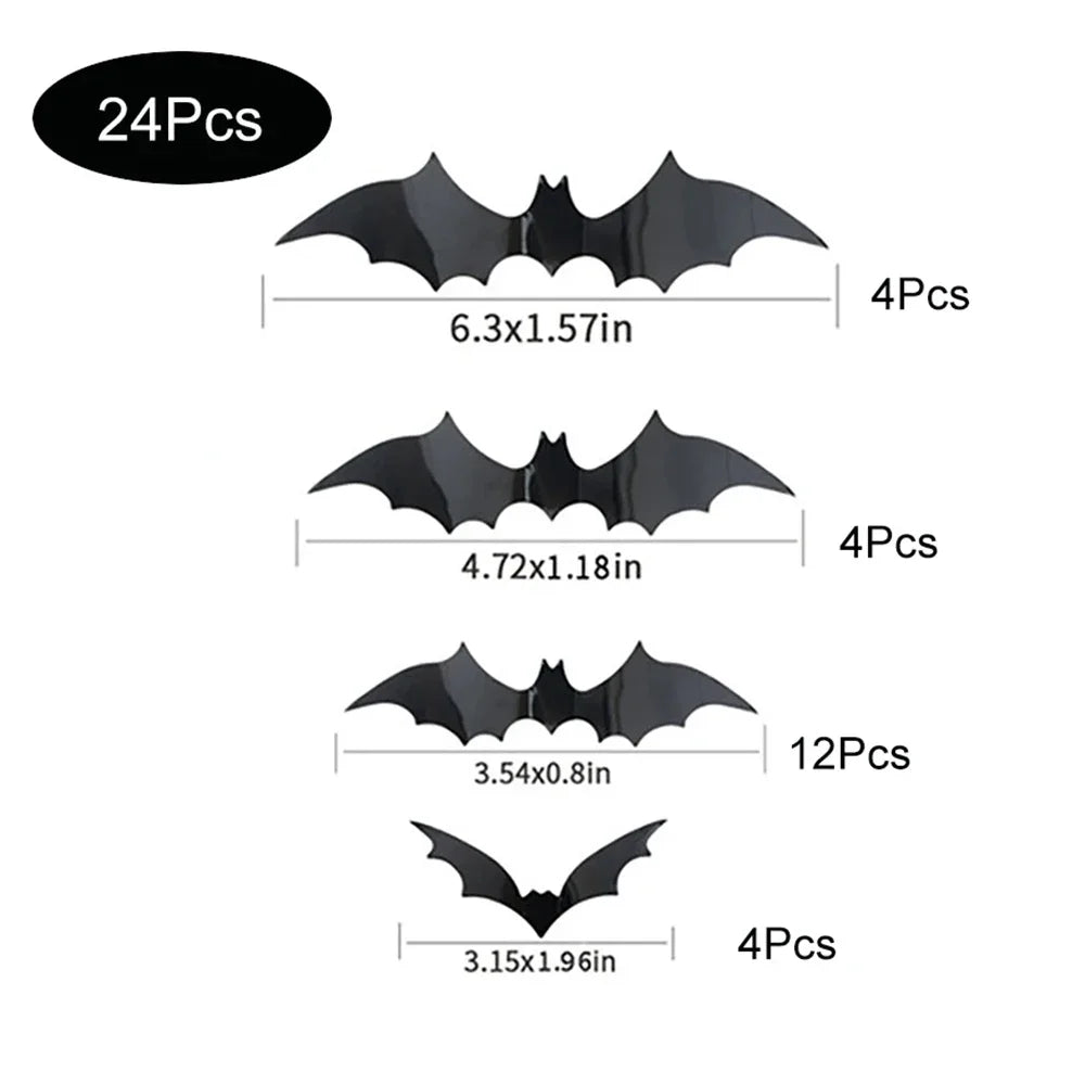 120 Pcs Halloween Bat Decorations Indoor PVC 3D Scary Bats Wall Decor Stickers 4 Sizes DIY Halloween Decals for Party Supplies