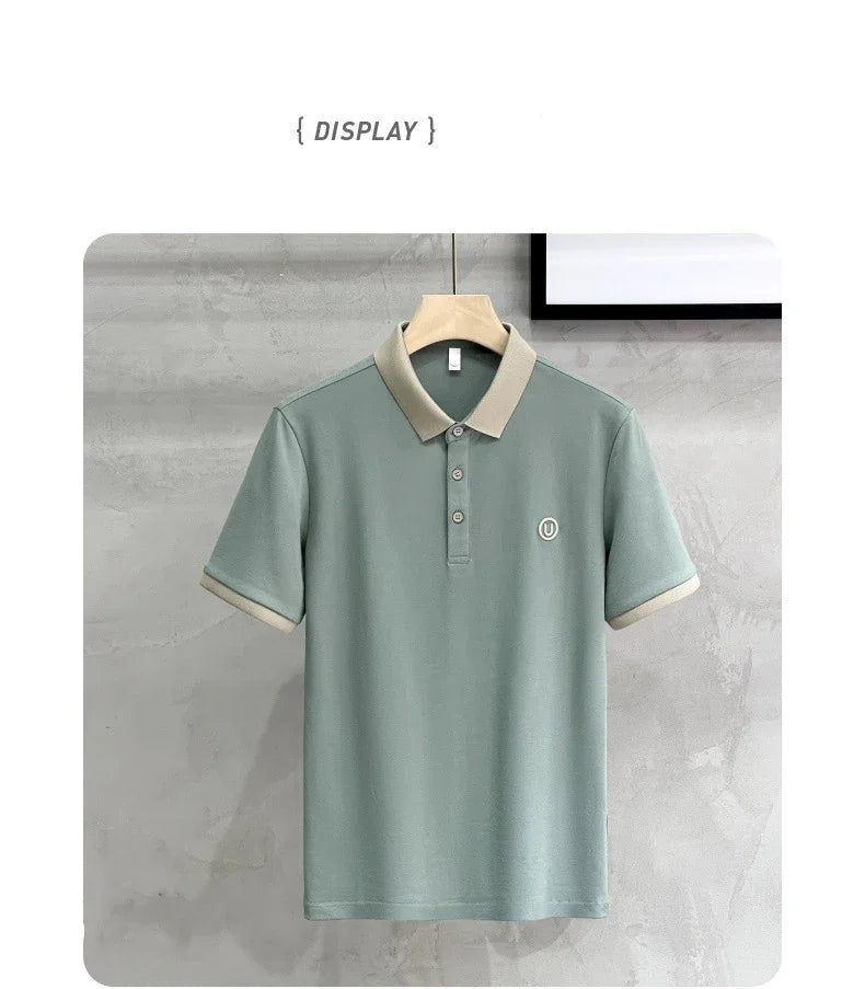Ice silk short-sleeved T-shirt for men, new summer high-end embroidered luxurious silky quick-dry breathable polo shirt.