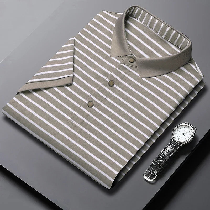 2026 Men's New Striped Cotton Business Casual Short Sleeved POLO Shirt Fashion Short Sleeved Comfortable and Breathable Top