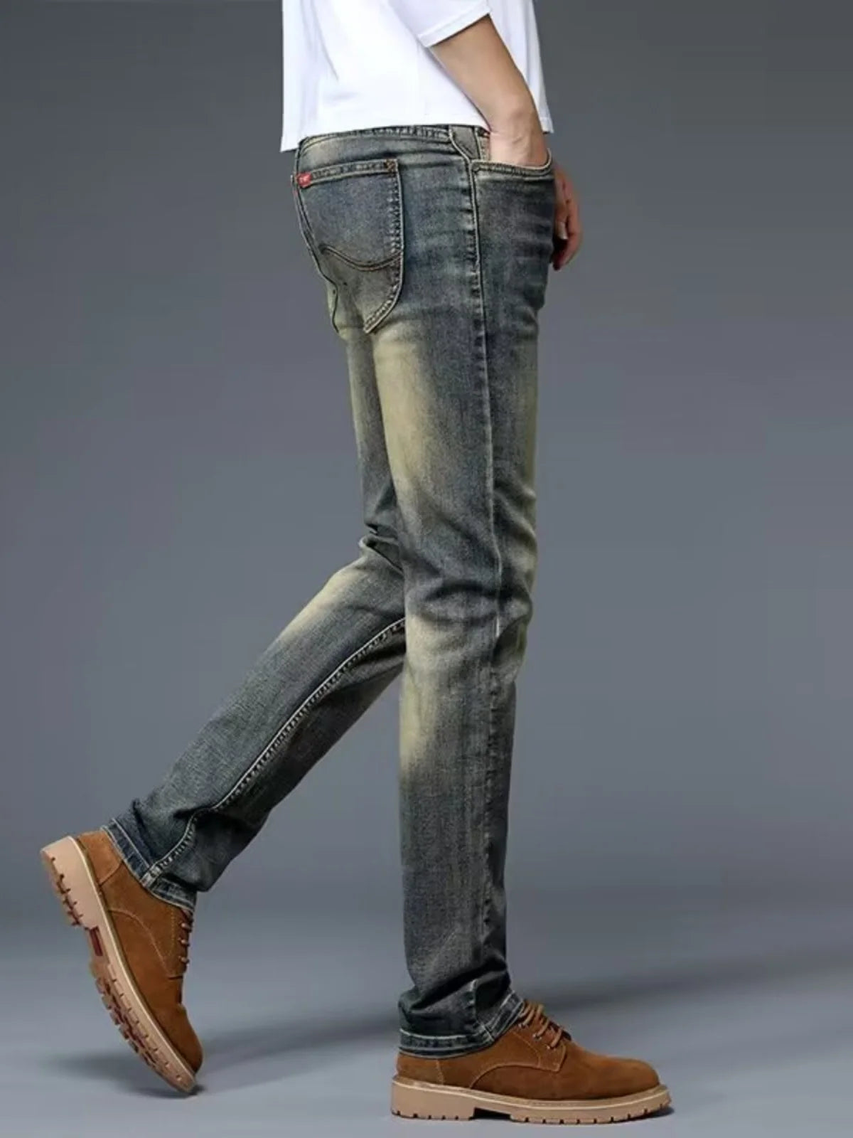 High-End Retro Men's Slim Fit Straight Leg Stretchy Faionable Jeans Spring Autumn Long Trousers Cotton Stretch Denim mid Wa...