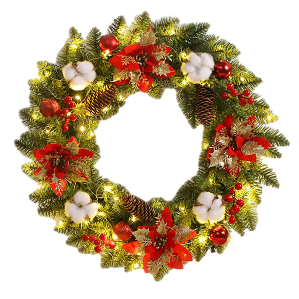 2025 Christmas Wreath with LED PVC Berry Ball Christmas Wreath Window Door Wall Ornament Decorations Home Halloween Decor Gifts