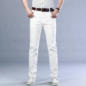 Men's Jeans Pure White Fashion Elastic Slim Youth Slimming Straight Leg Male Pants Business Casual Middle Age High End Trousers - You Offer