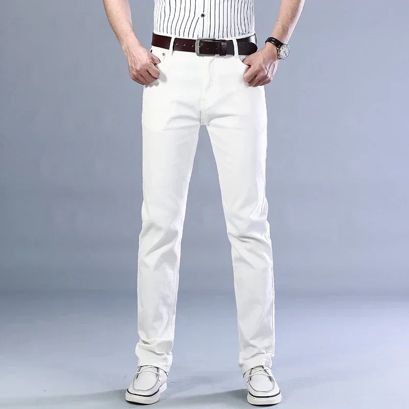 Men's Jeans Pure White Fashion Elastic Slim Youth Slimming Straight Leg Male Pants Business Casual Middle Age High End Trousers - You Offer