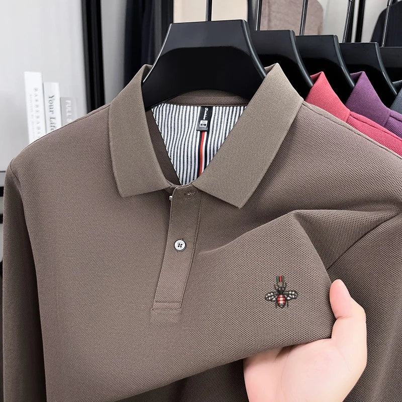 100% pure cotton high-end luxury brand men's long sleeved polo shirt autumn fashion hot selling bee embroidery casual T-shirt