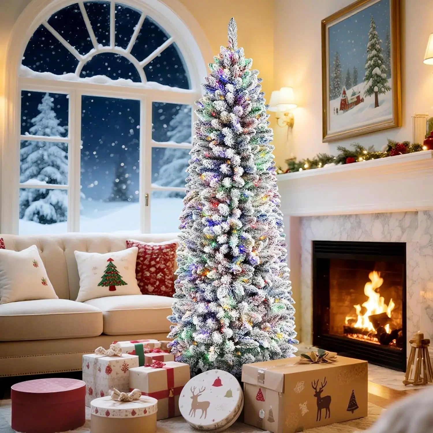 7ft Flocked Pencil Christmas Tree, Artificial Xmas Tree with Warm White & Multi-Color Lights, Remote Control