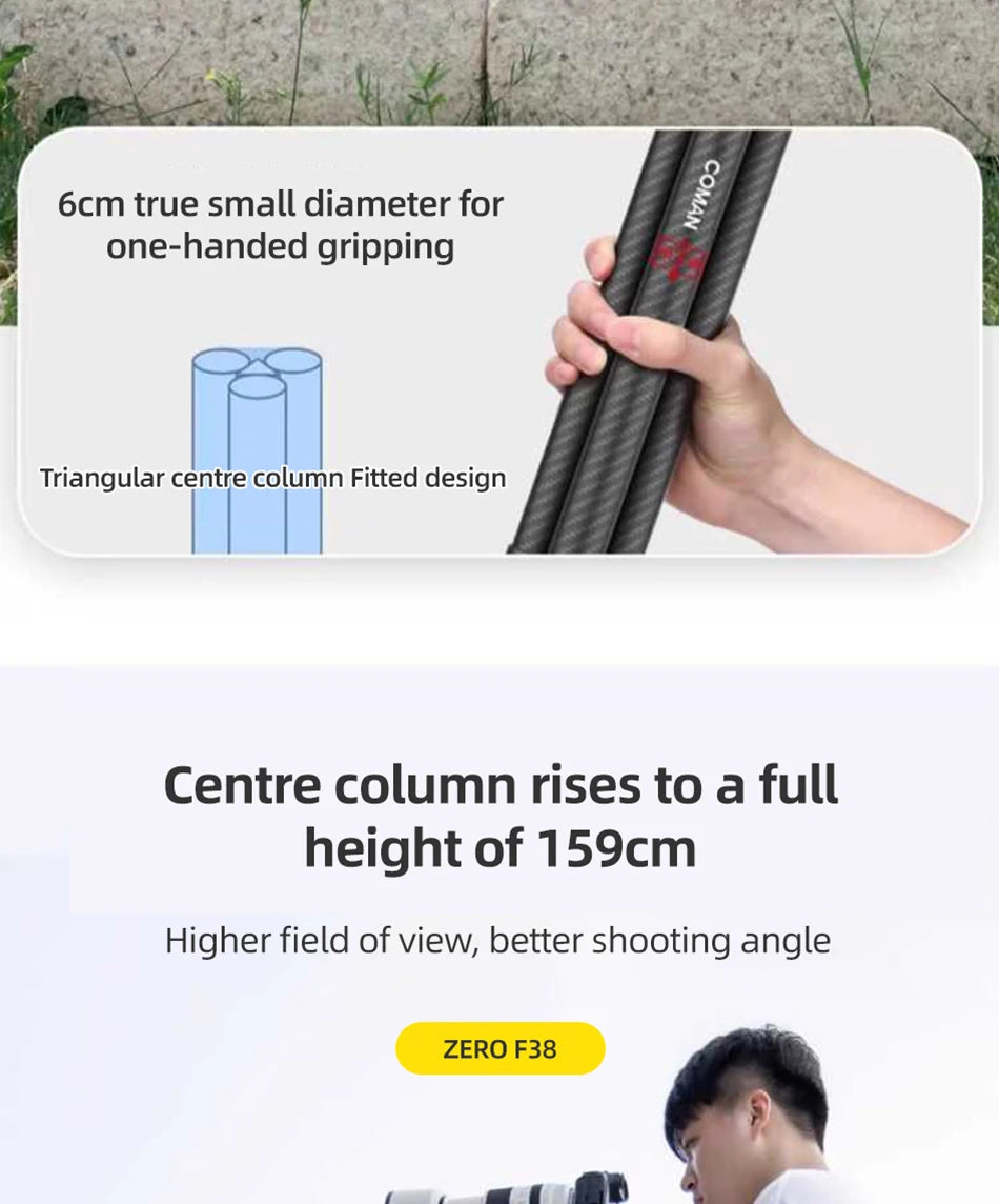 COMAN Zero F38 Carbon Fiber Travel Tripod Lightweight Professional Dslr Camera Tripod For Film making Smartphone Maxload 39.6lbs