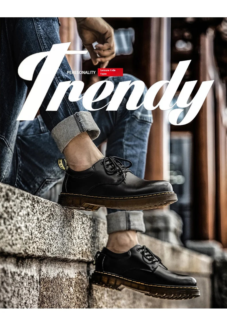 Men's casual leather low-top heightening large-head work boots breathable versatile British cow tendon sole derby shoes