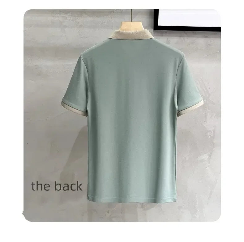 Ice silk short-sleeved T-shirt for men, new summer high-end embroidered luxurious silky quick-dry breathable polo shirt.