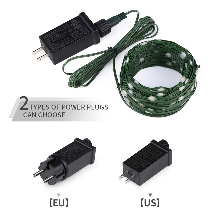 2022 Waterproof LED Green Wire String Lights Outdoor 20/50/100M 8 Modes Fairy Garland Lights for Garden Wedding Christmas Decor