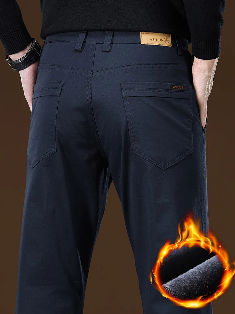 Winter Fleece Men's Casual Pants Business Straight Thick Warmth Fashion Velvet Trousers Classic Solid Color Slim Plush Pants