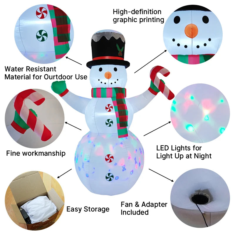 2.4M/7.8FT Inflatable Christmas Snowman with Candy Cane Lights LED Home Holiday Lighting Decoration Yard Xmas Ornaments Supplies