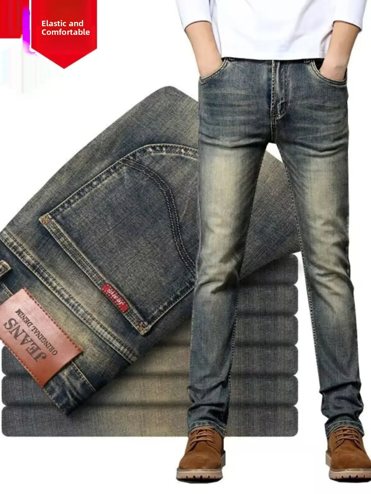 High-End Retro Men's Slim Fit Straight Leg Stretchy Faionable Jeans Spring Autumn Long Trousers Cotton Stretch Denim mid Wa...