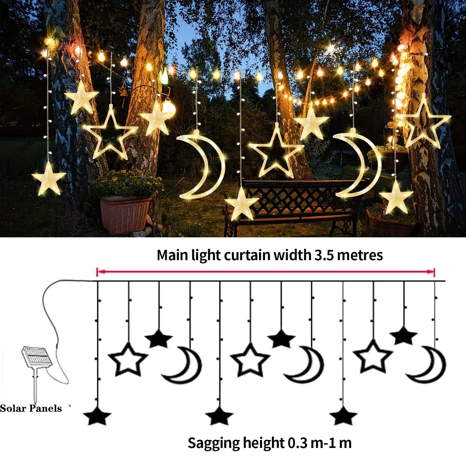Star Moon Solar Battery String Lights 8Mode Outdoor Christmas Garland LED Fairy Light for Ramadan Festoon Wedding New Year Decor