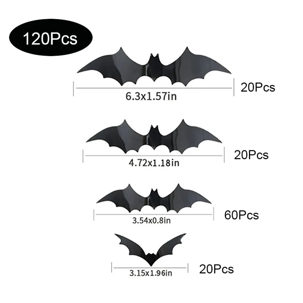 120 Pcs Halloween Bat Decorations Indoor PVC 3D Scary Bats Wall Decor Stickers 4 Sizes DIY Halloween Decals for Party Supplies