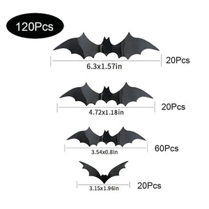 120 Pcs Halloween Bat Decorations Indoor PVC 3D Scary Bats Wall Decor Stickers 4 Sizes DIY Halloween Decals for Party Supplies
