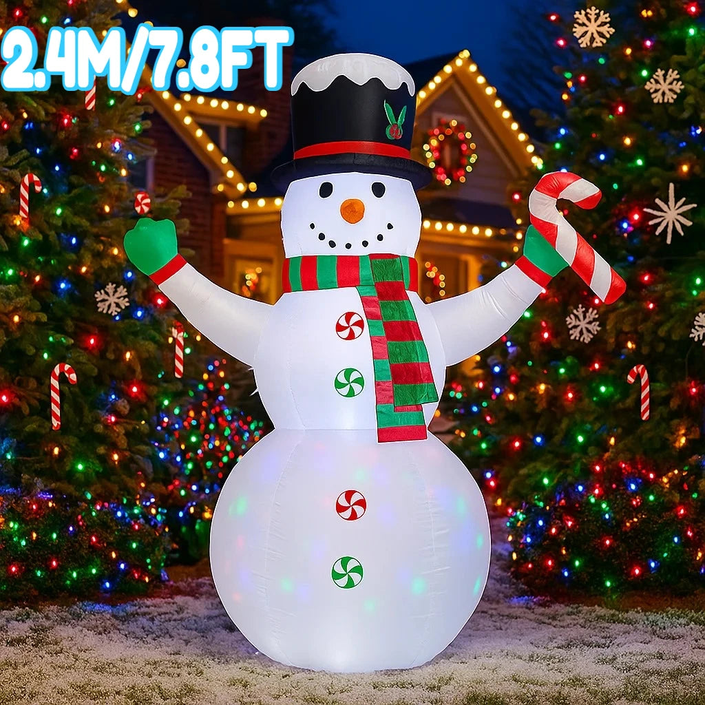 2.4M/7.8FT Inflatable Christmas Snowman with Candy Cane Lights LED Home Holiday Lighting Decoration Yard Xmas Ornaments Supplies