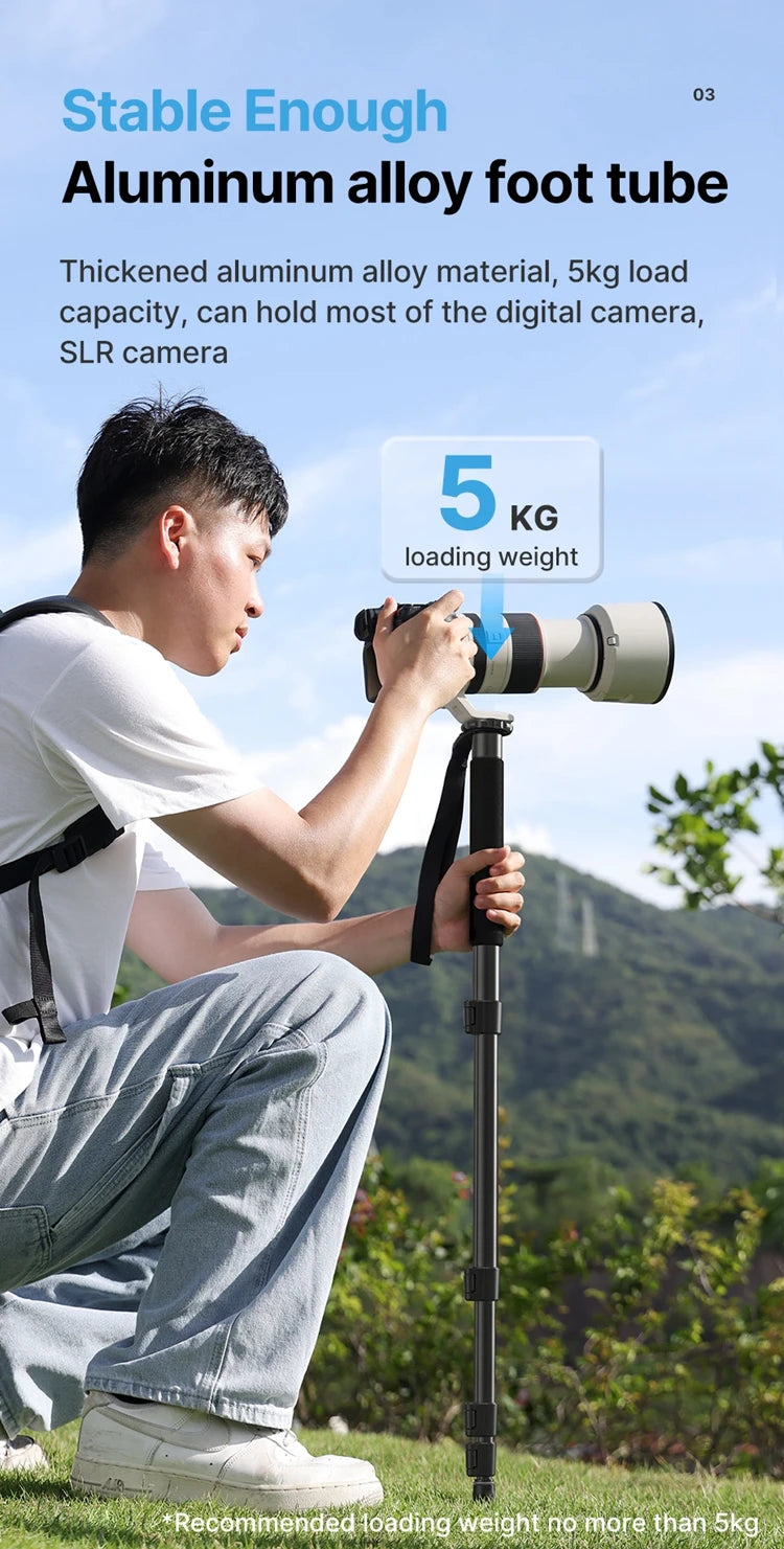 Ulanzi TB12 Monopod Extendable Camera Tripod Load 5kg 155cm/61”  Phone Selfie Stick 1/4" Mount for Sony Canon Nikon Camera DSLR