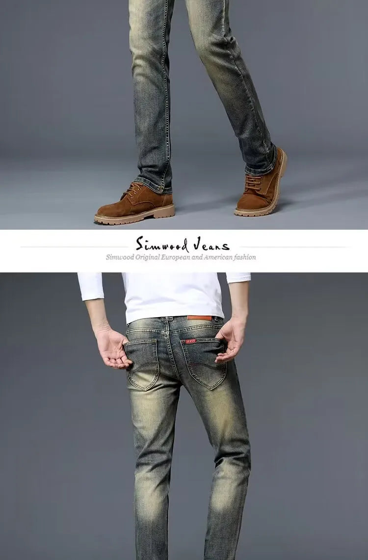 High-End Retro Men's Slim Fit Straight Leg Stretchy Faionable Jeans Spring Autumn Long Trousers Cotton Stretch Denim mid Wa...