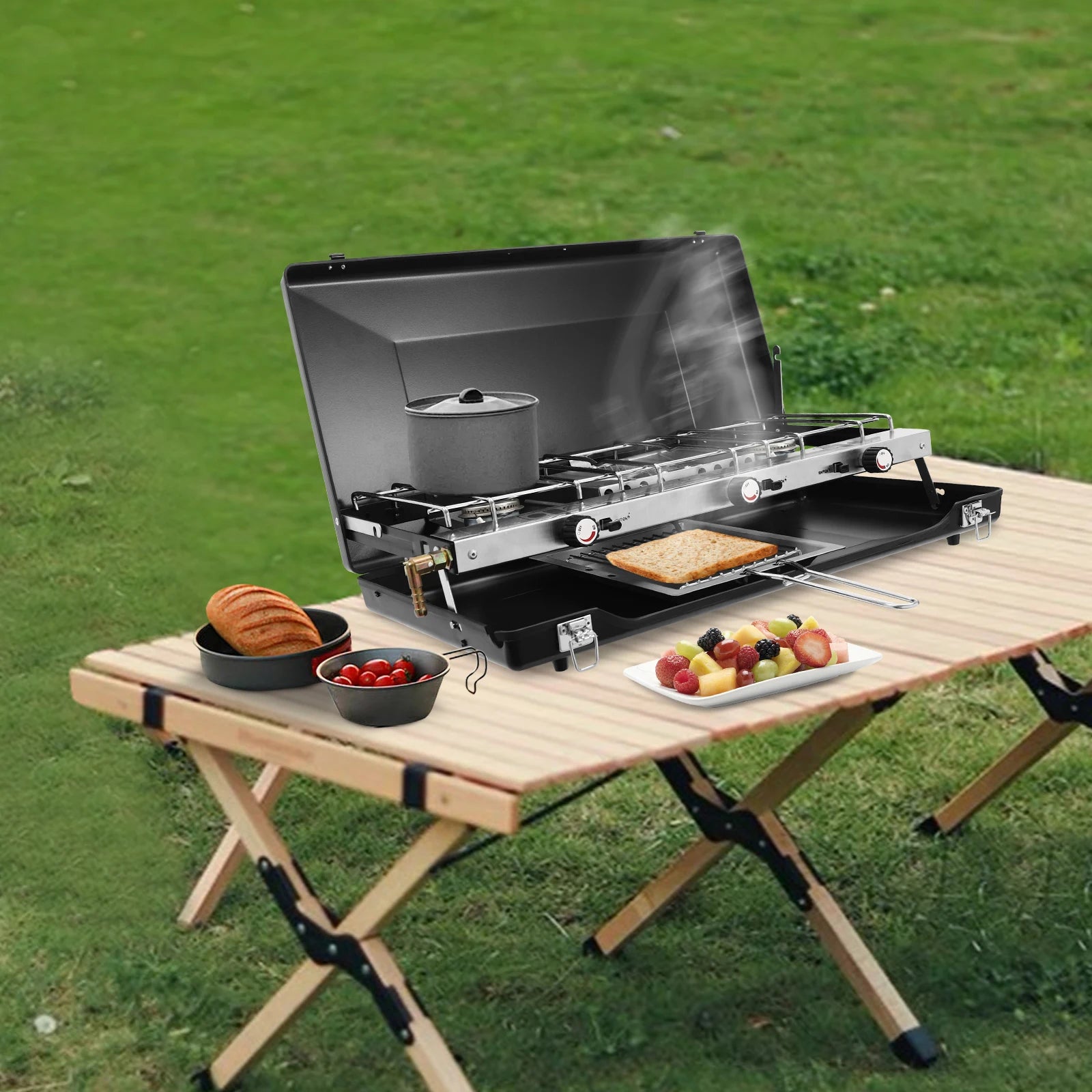 Camping Stove 3 Burner Propane Portable Stove with Regulator Toast Tray Windshield for Car Camping BBQ Picnics Outdoor Cooking - You Offer