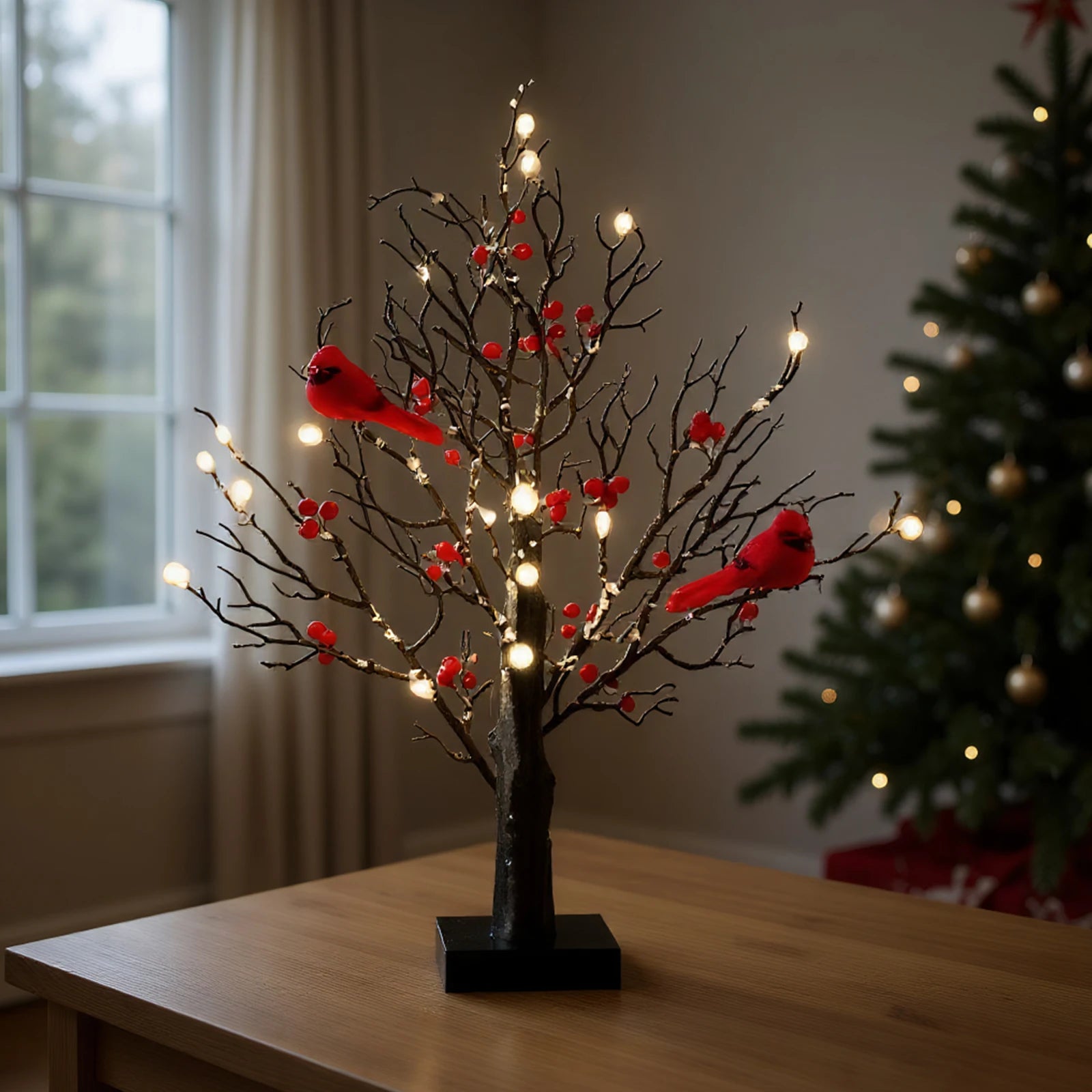 Red Bird Tree Light LED Cardinal Little Red Bird Table Decoration Twinkle Tree Lamp for Holiday Home Xmas Decor