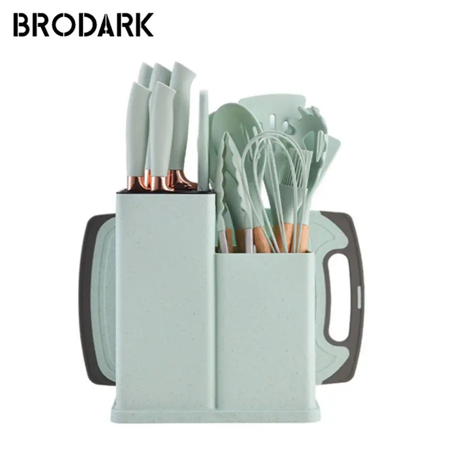 19pcs Food Grade Silicone Brodark Kitchenware Set, Cooking Spoon, Shovel, Cutting Board, Fruit Knife, Chef Knife, Combination Se - You Offer