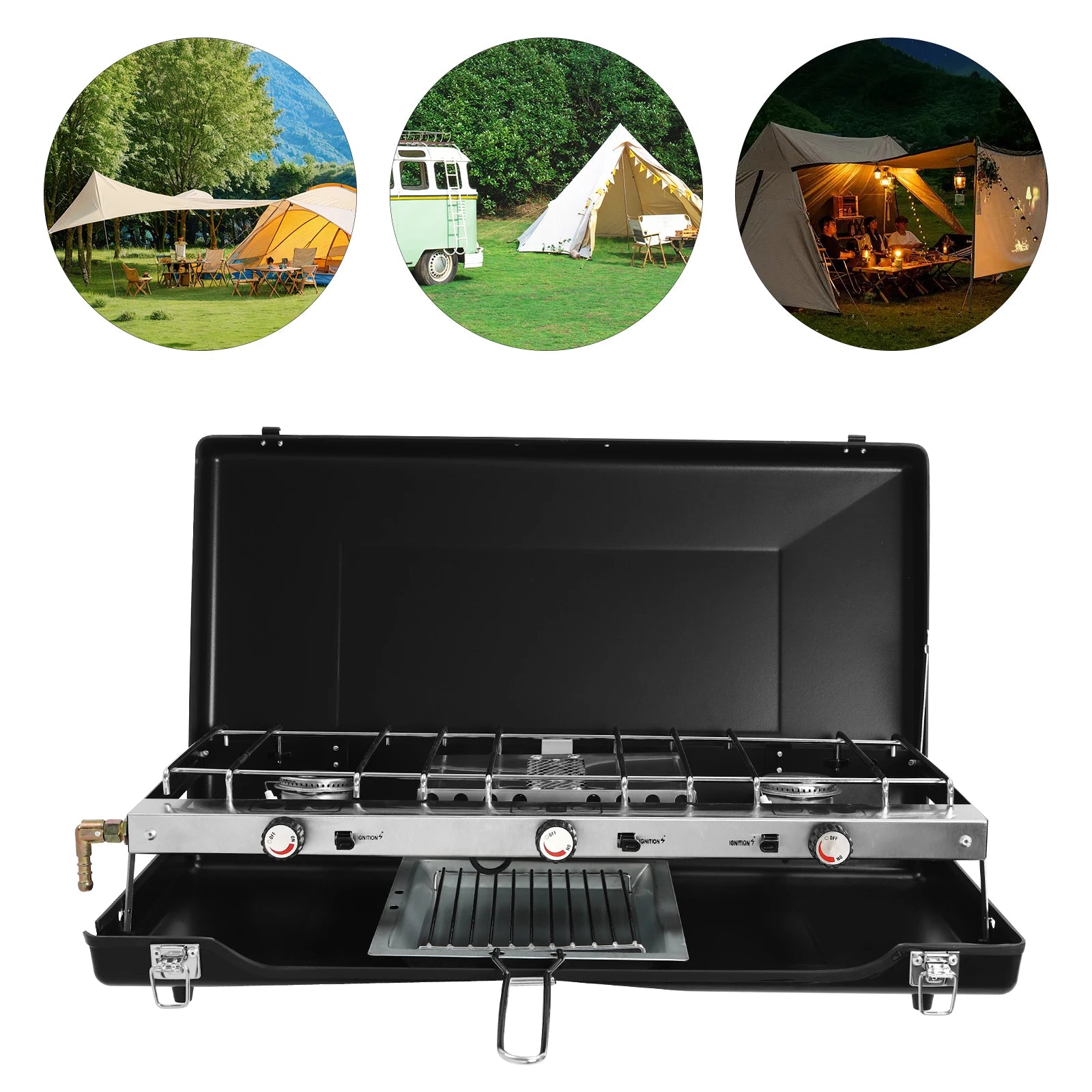 Camping Stove 3 Burner Propane Portable Stove with Regulator Toast Tray Windshield for Car Camping BBQ Picnics Outdoor Cooking - You Offer