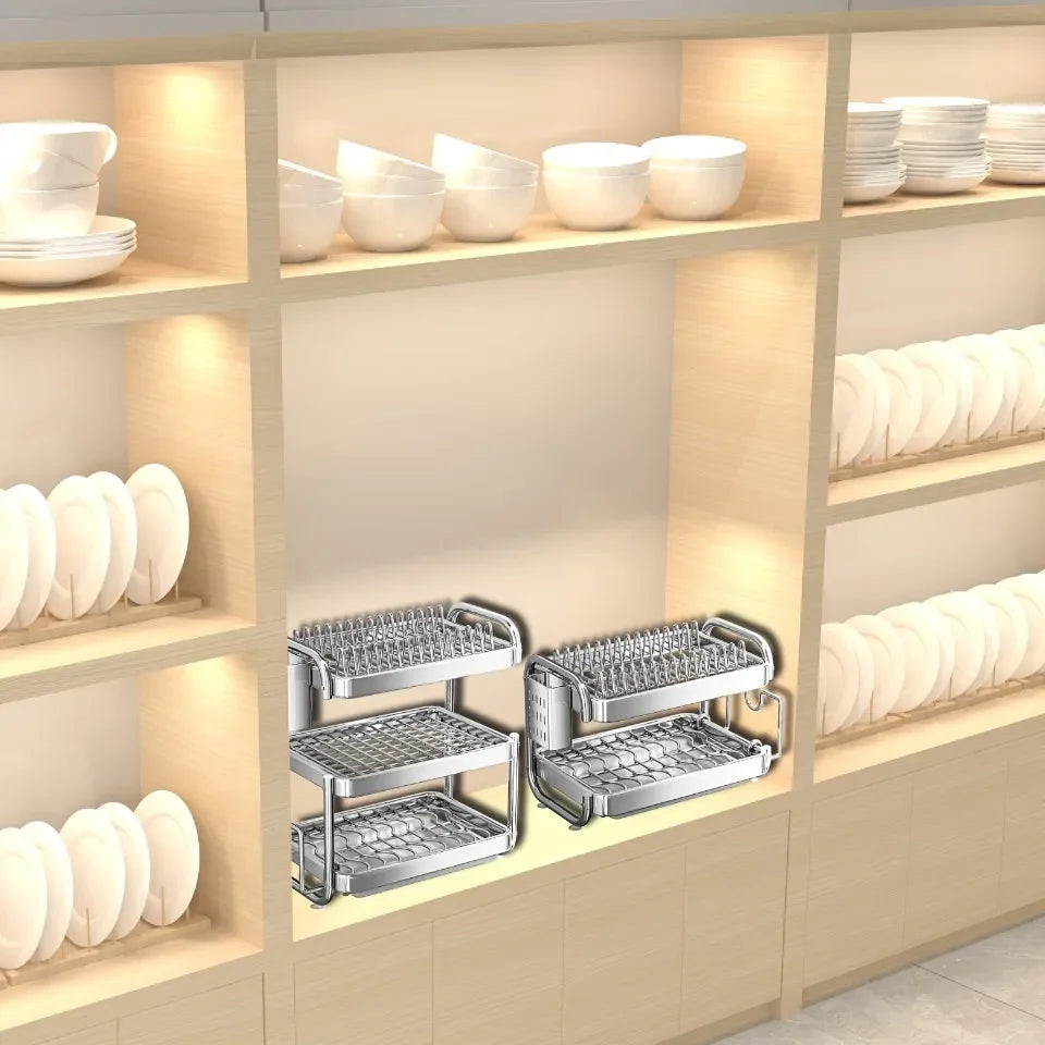 Dish Drying Rack Multifunctional Rustproof Big-capacity Bowl Storage Shelf Stainless Steel Multilayer Spacesaving Draining Shelf